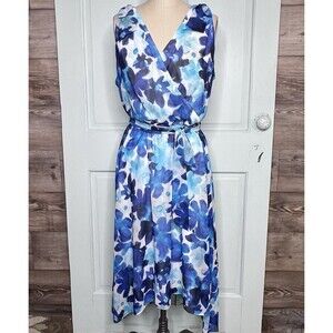DKNY Faux Wrap Dress Blue White Floral Hi-Lo Hem Chiffon Sleeveless Midi Sz 16
